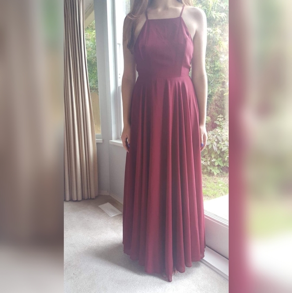 Lulu's Burgundy Halter Bridesmaid Dress - Picture 2 of 14